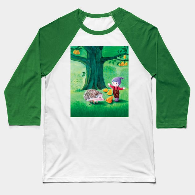 Hedgehog and Purple Hat Dwarf under the Pear Tree Illustration Baseball T-Shirt by Julia Doria Illustration